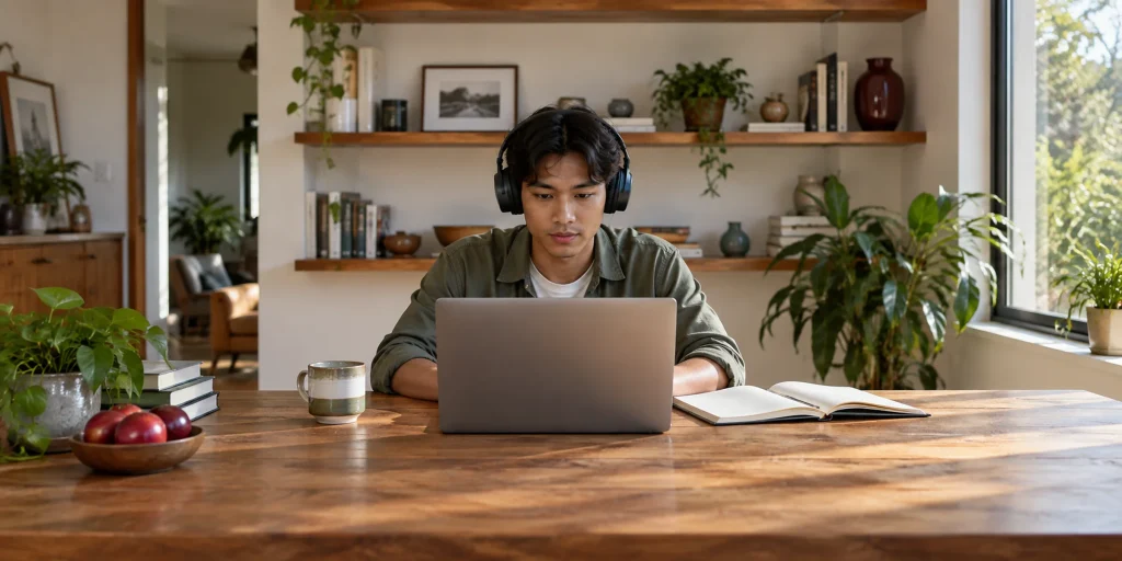 Young man with headphones practising for a language test at a desk by the window