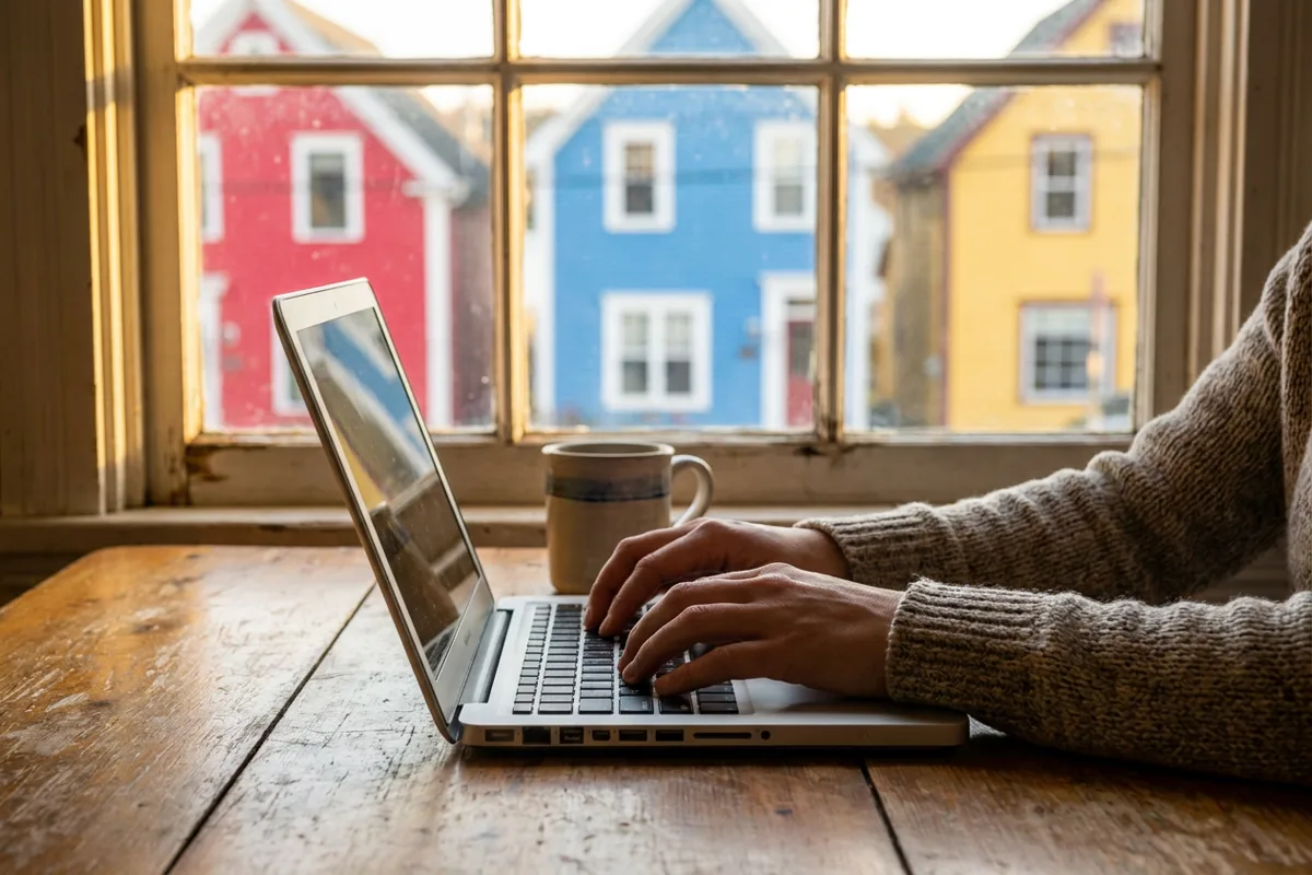 Hands filling out an online expression of interest on a laptop by a window overlooking colourful houses