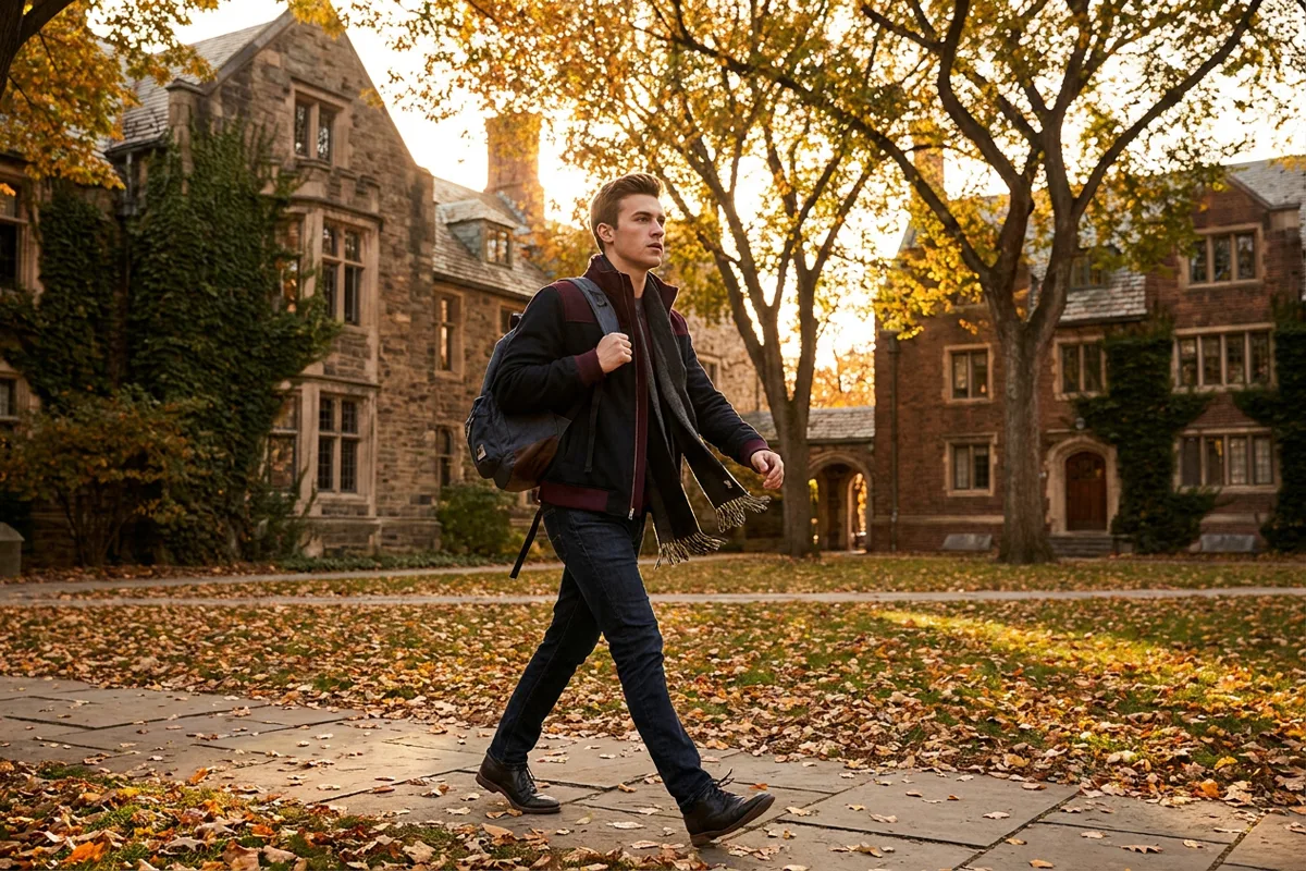 Recent graduate walking across a university campus in autumn with his backpack