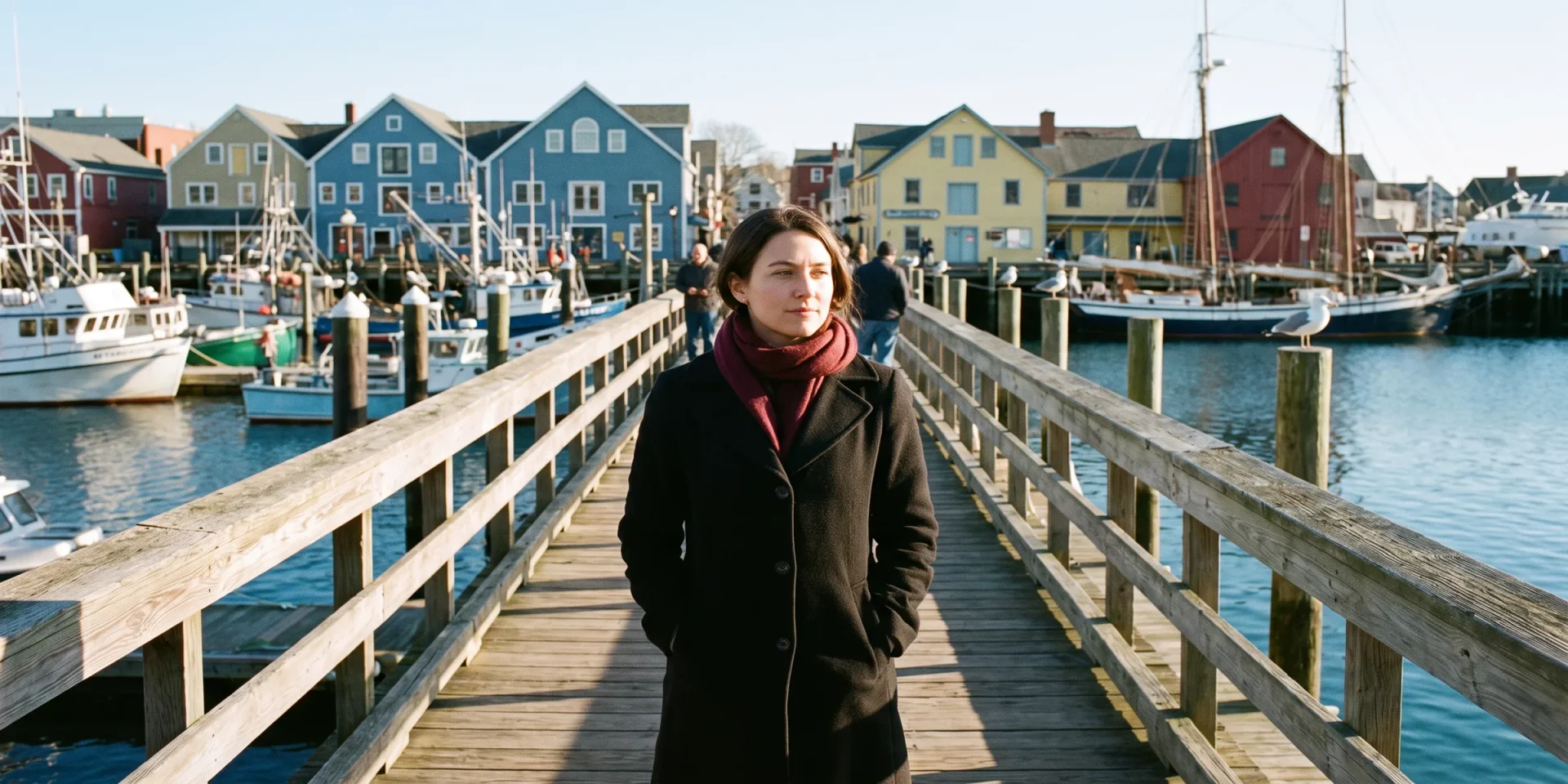 Young woman walking along a wooden wharf in a Nova Scotia harbour town with colourful houses and fishing boats