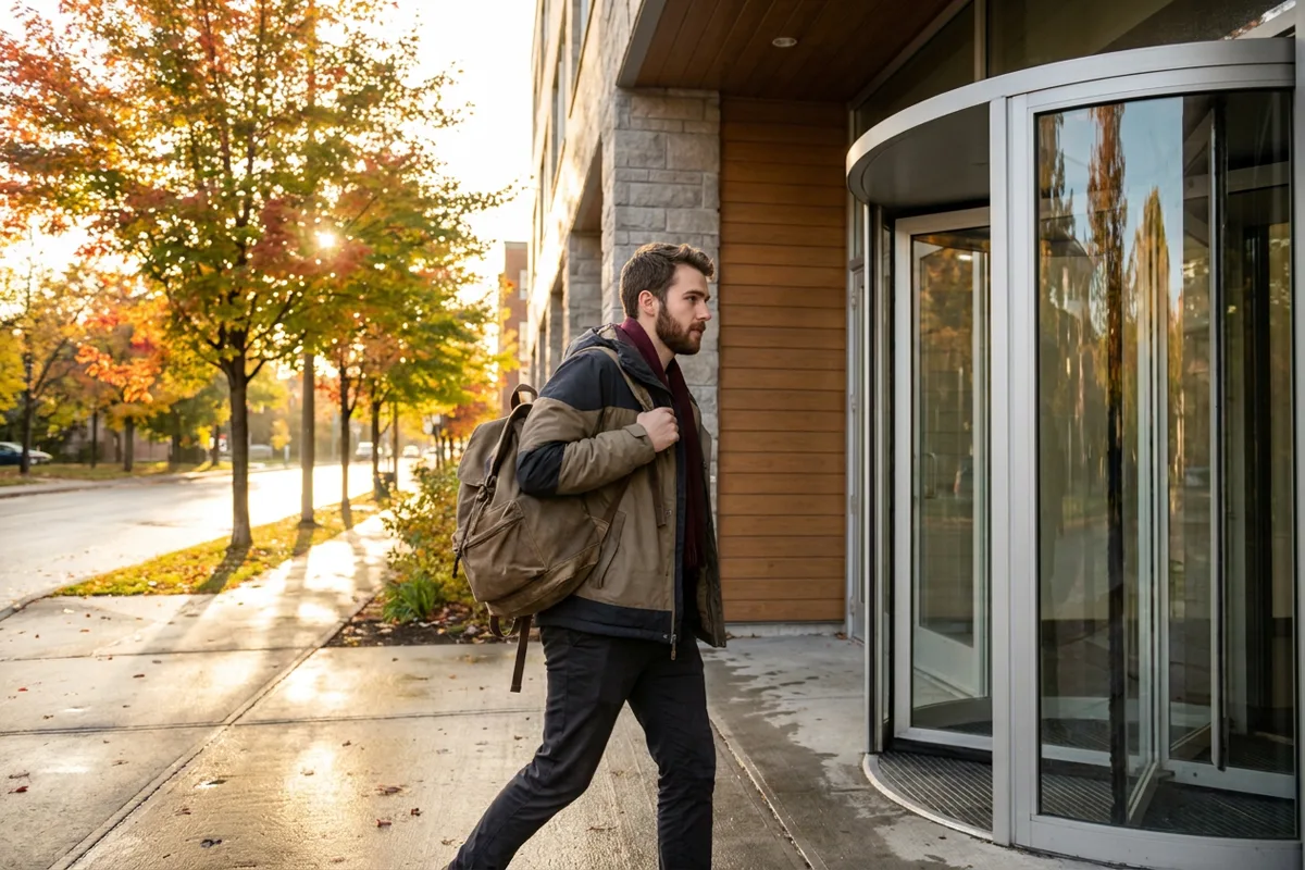 Temporary worker leaving an office building in Quebec City in the morning