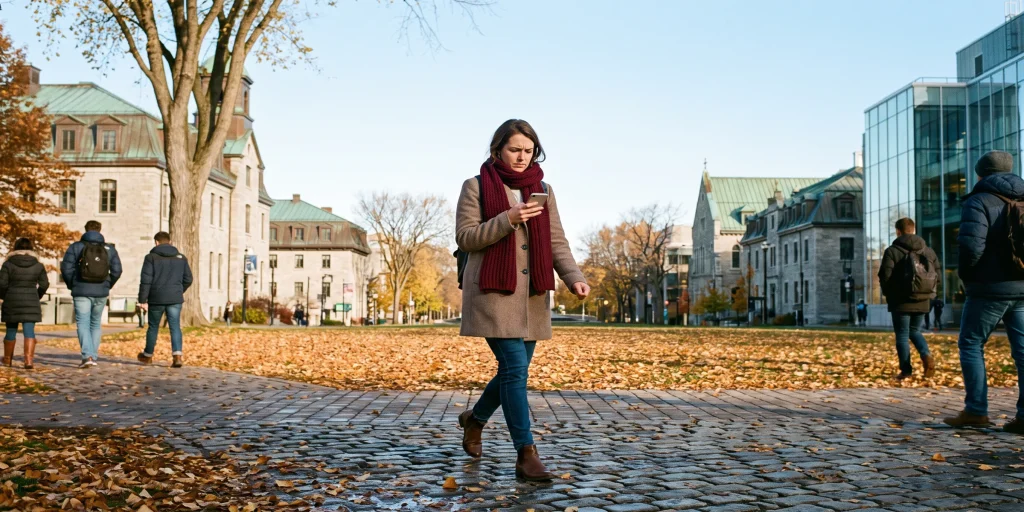 International graduate walking across a Quebec City campus on an autumn morning, checking her phone