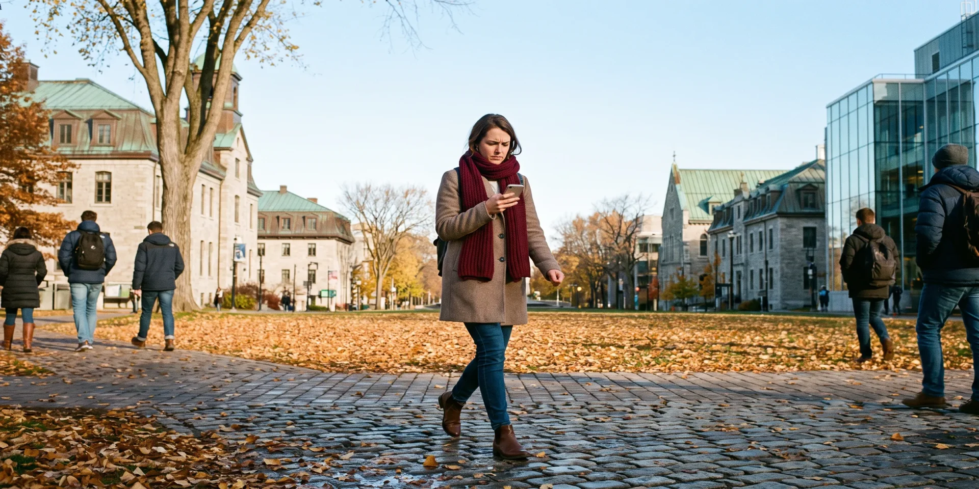 International graduate walking across a Quebec City campus on an autumn morning, checking her phone